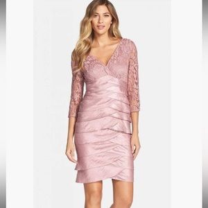 ADRIANNA PAPELL shimmer sheath tiered mini dress V-Neck Lace Bodice Ash Rose NWT